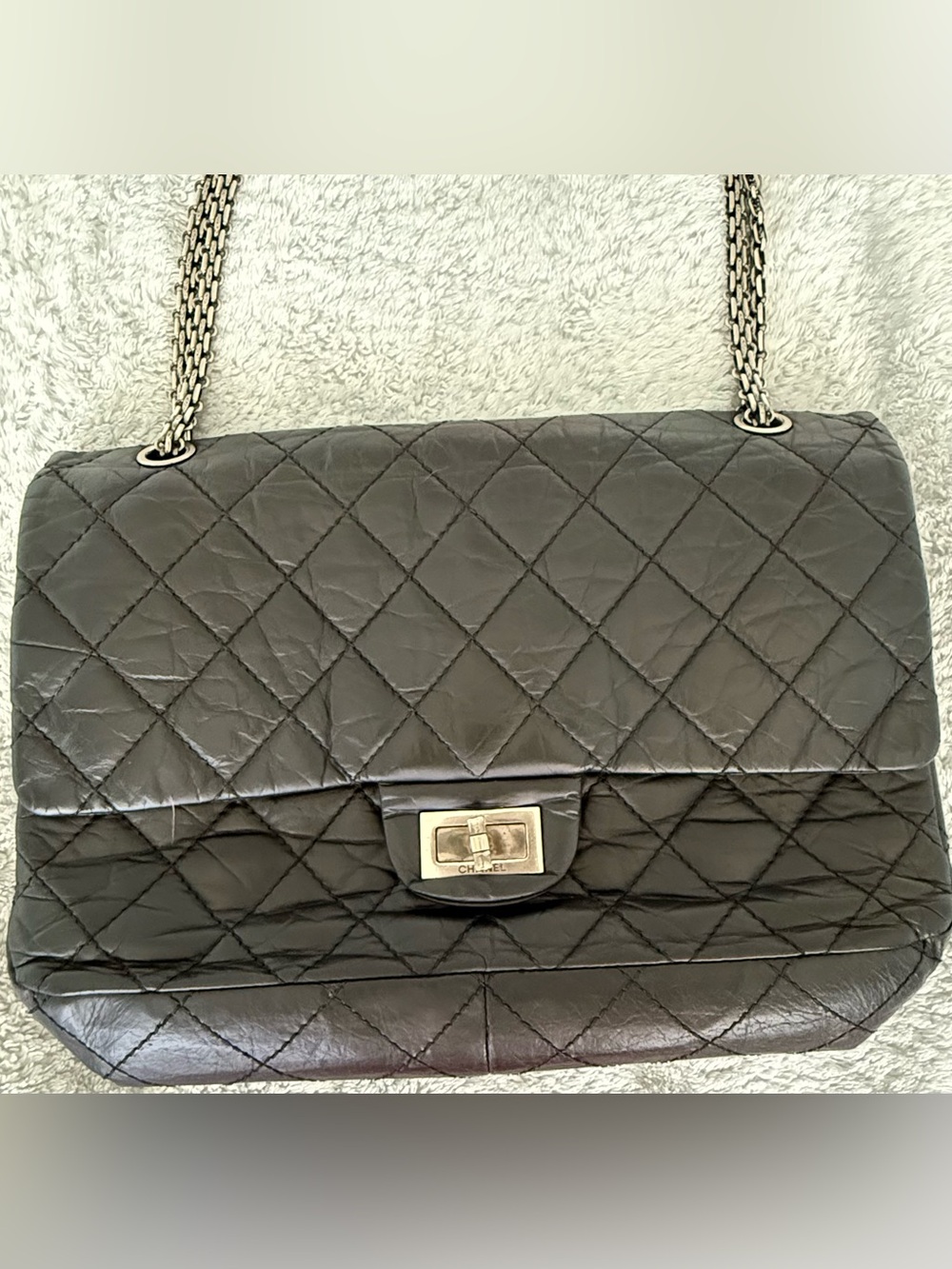 Authentic CHANEL 2.55 Reissue 227 Double Flap Bag-Black Aged Calfskin (2012)